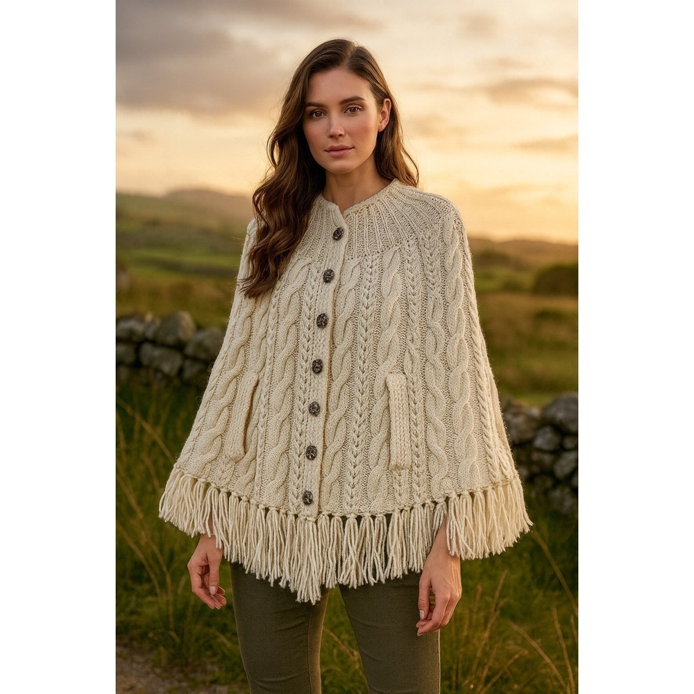 Vintage 70s Sweater Shawl Cottagecore Folk Crochet Cable Knit Womens One Size